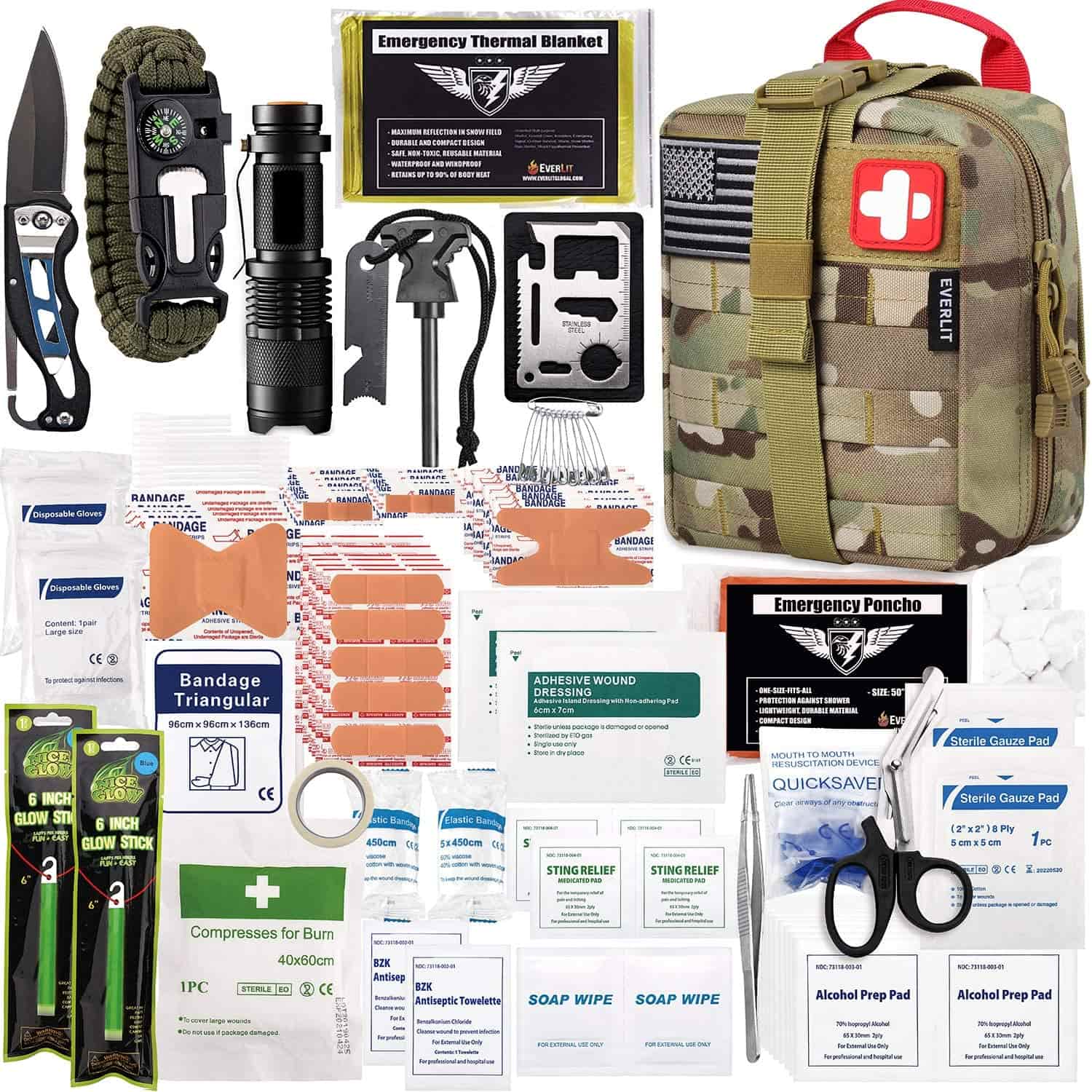 Il kit di pronto soccorso Camo Survival contiene Contiene un kit di pronto soccorso da 250 pezzi